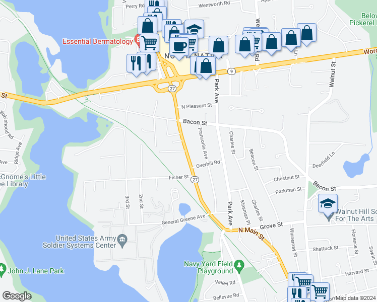 map of restaurants, bars, coffee shops, grocery stores, and more near 151 North Main Street in Natick
