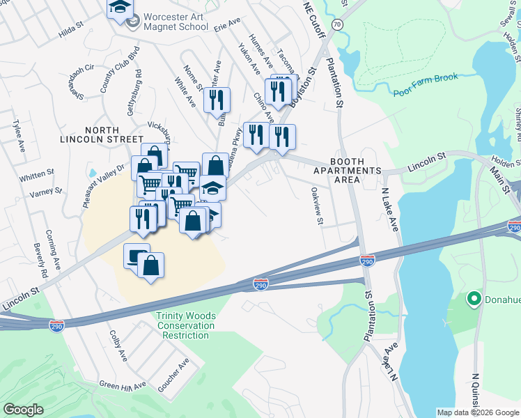 map of restaurants, bars, coffee shops, grocery stores, and more near 30 Oriol Drive in Worcester