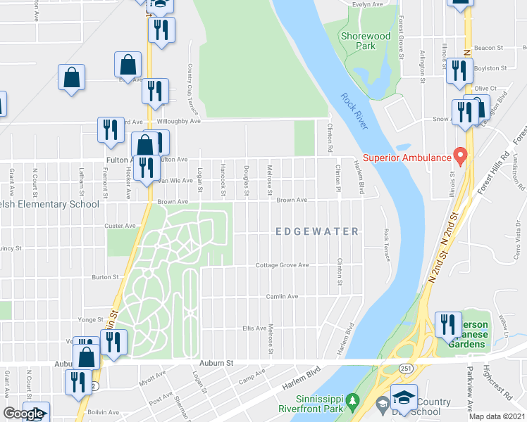 map of restaurants, bars, coffee shops, grocery stores, and more near 2130 Melrose Street in Rockford