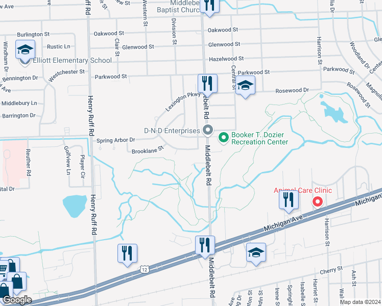 map of restaurants, bars, coffee shops, grocery stores, and more near 1960 Lexington Parkway in Inkster