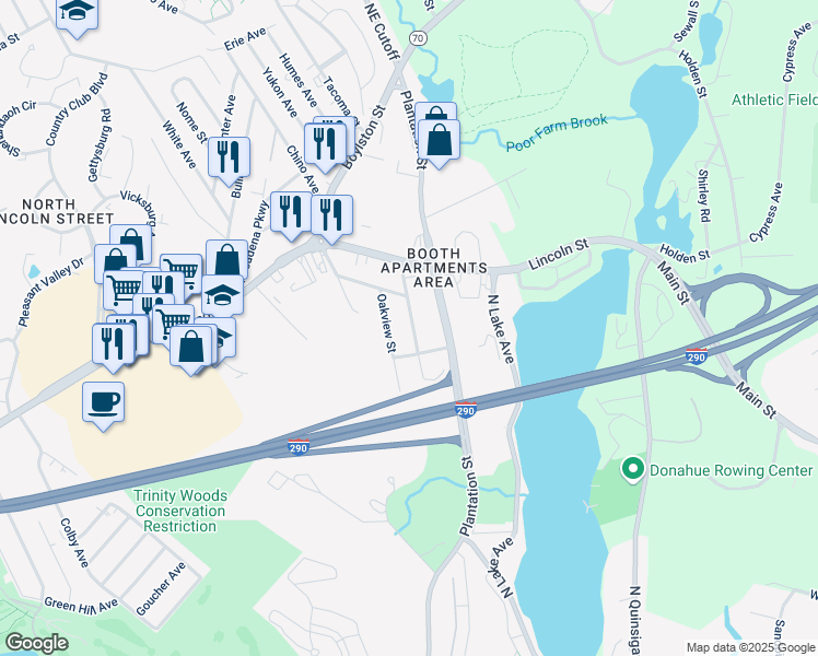 map of restaurants, bars, coffee shops, grocery stores, and more near 24 Amesbury Street in Worcester