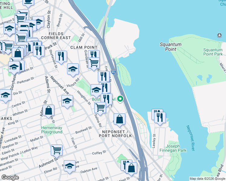 map of restaurants, bars, coffee shops, grocery stores, and more near 496-498 Freeport Street in Boston
