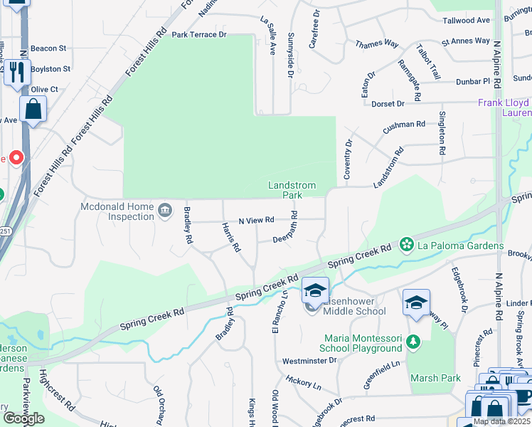 map of restaurants, bars, coffee shops, grocery stores, and more near 3410 North View Road in Rockford