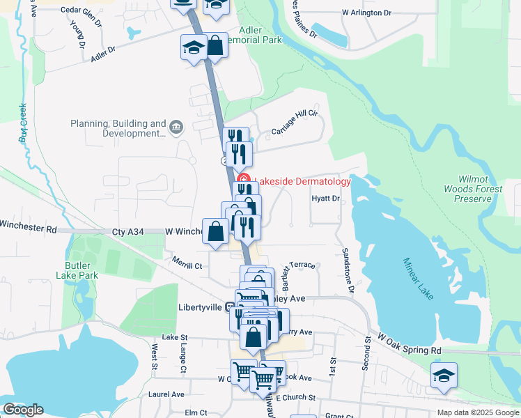map of restaurants, bars, coffee shops, grocery stores, and more near 133 East Winchester Road in Libertyville