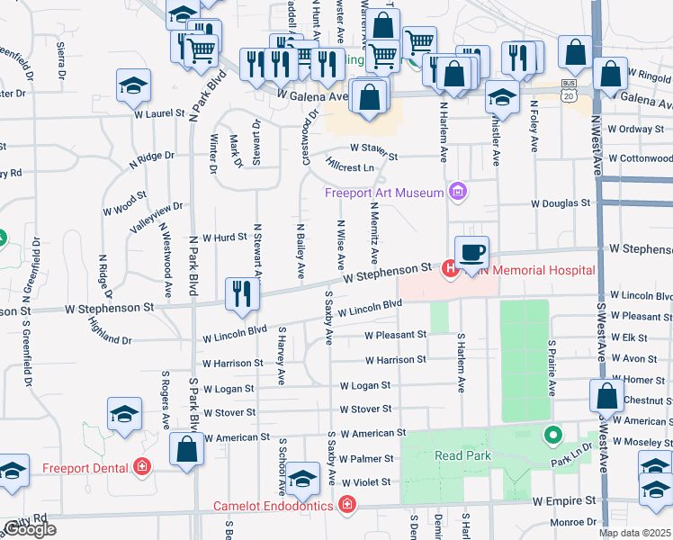 map of restaurants, bars, coffee shops, grocery stores, and more near 1274 West Stephenson Street in Freeport