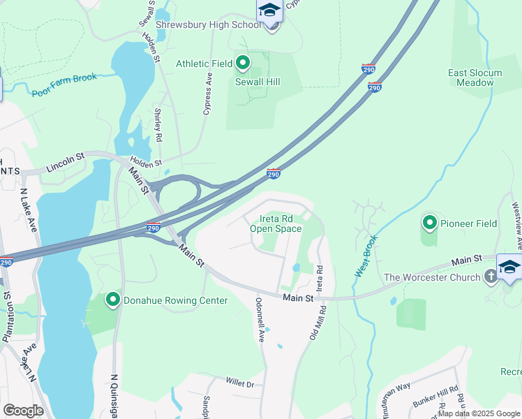 map of restaurants, bars, coffee shops, grocery stores, and more near 57 Ireta Road in Shrewsbury