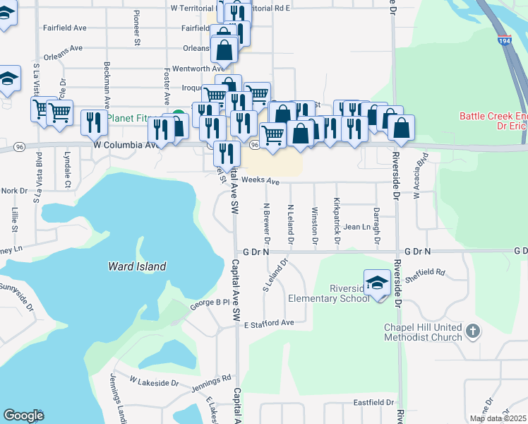 map of restaurants, bars, coffee shops, grocery stores, and more near 118 North Brewer Drive in Battle Creek