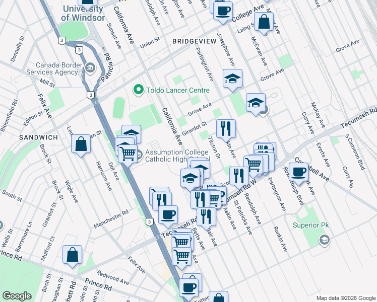 map of restaurants, bars, coffee shops, grocery stores, and more near 1198 California Avenue in Windsor