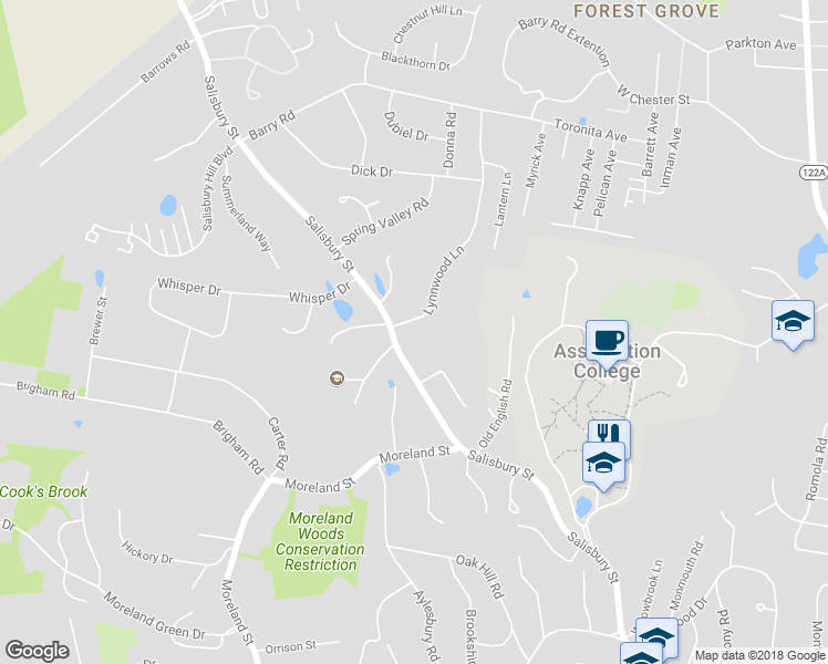 map of restaurants, bars, coffee shops, grocery stores, and more near 8 Lynnwood Lane in Worcester