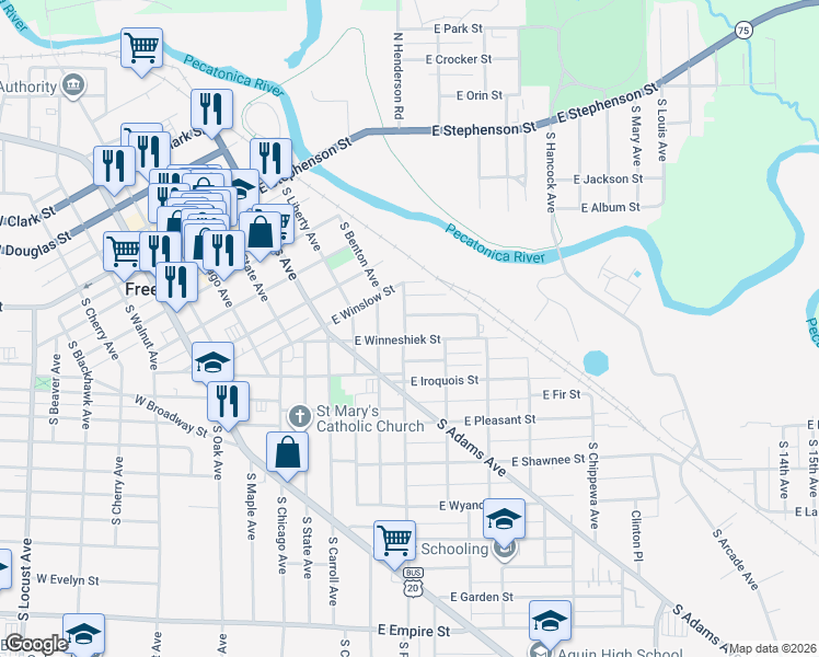 map of restaurants, bars, coffee shops, grocery stores, and more near 459 South Float Avenue in Freeport