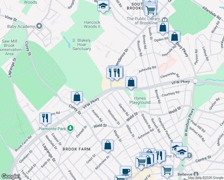 map of restaurants, bars, coffee shops, grocery stores, and more near Veterans of Foreign Wars Pkwy & Independence Dr in Boston