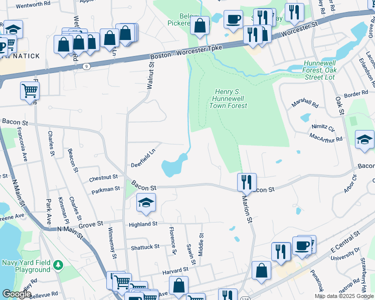 map of restaurants, bars, coffee shops, grocery stores, and more near 19 Roundwood Road in Natick