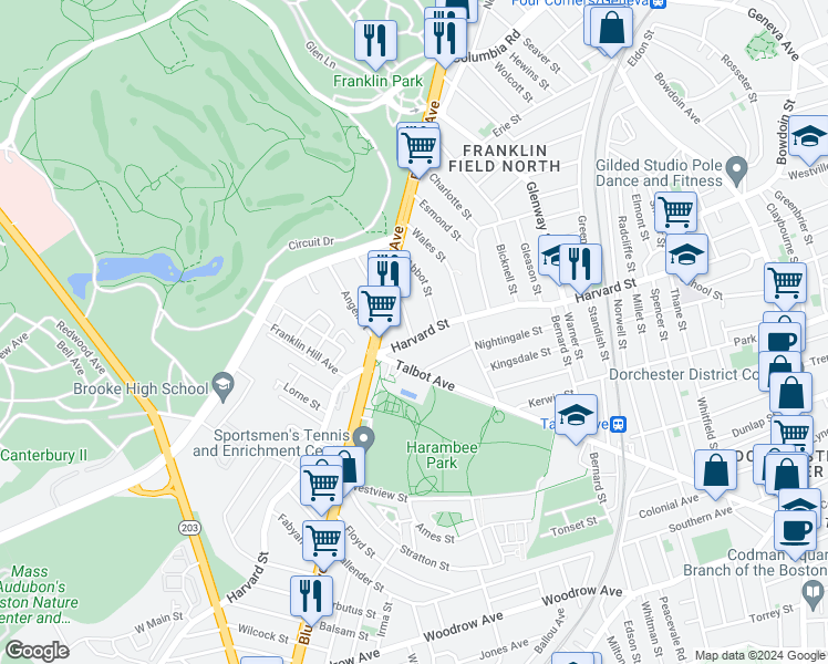 map of restaurants, bars, coffee shops, grocery stores, and more near 225 Harvard Street in Boston