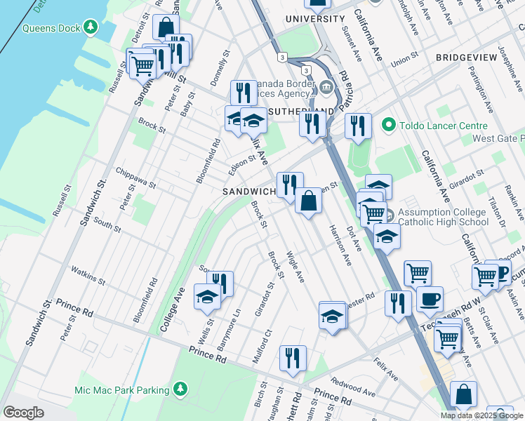 map of restaurants, bars, coffee shops, grocery stores, and more near 978 Brock Street in Windsor