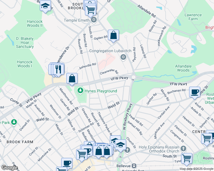 map of restaurants, bars, coffee shops, grocery stores, and more near 7 Hollywood Road in Boston
