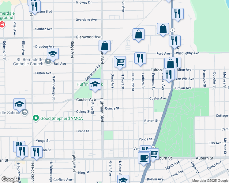 map of restaurants, bars, coffee shops, grocery stores, and more near 2121 Grant Avenue in Rockford