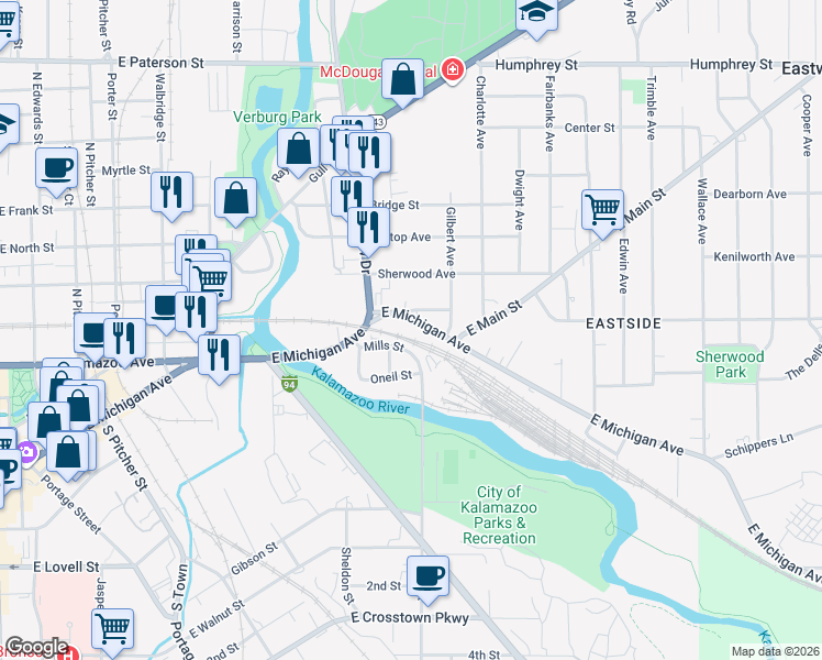 map of restaurants, bars, coffee shops, grocery stores, and more near 29 Mills Street in Kalamazoo