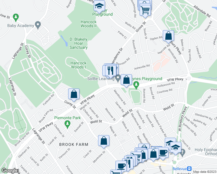 map of restaurants, bars, coffee shops, grocery stores, and more near 556 Veterans of Foreign Wars Parkway in Boston