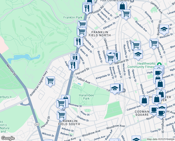 map of restaurants, bars, coffee shops, grocery stores, and more near 210 Harvard Street in Boston
