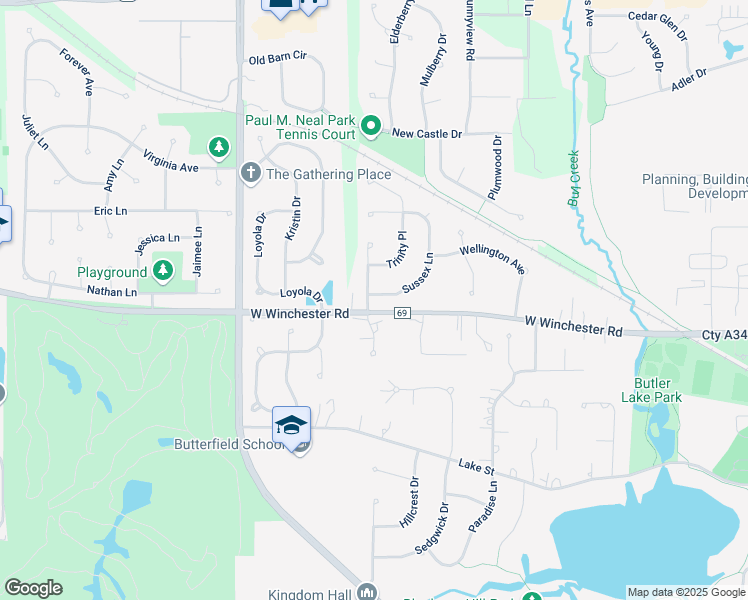 map of restaurants, bars, coffee shops, grocery stores, and more near 1102 Sussex Lane in Libertyville