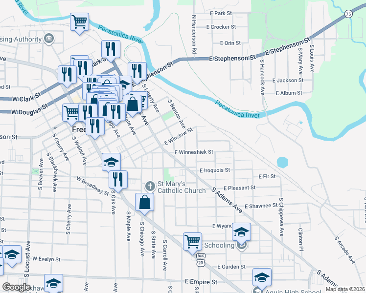 map of restaurants, bars, coffee shops, grocery stores, and more near 456 South Benton Avenue in Freeport