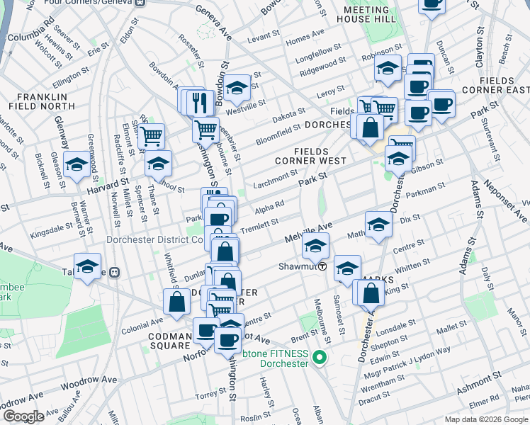 map of restaurants, bars, coffee shops, grocery stores, and more near 54 Alpha Road in Boston