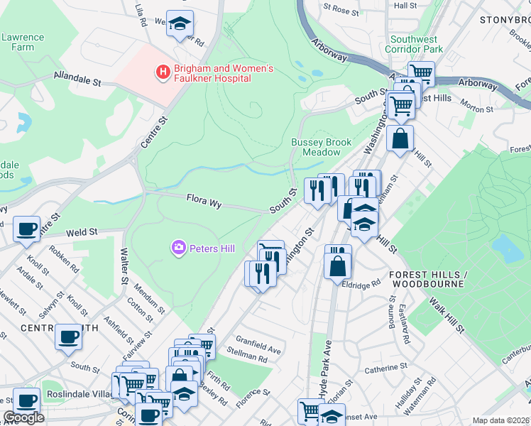 map of restaurants, bars, coffee shops, grocery stores, and more near South Street in Boston