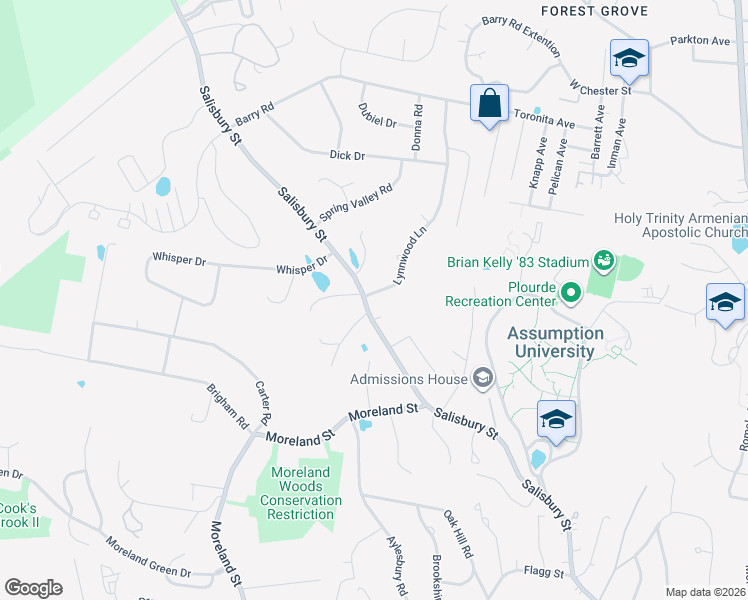 map of restaurants, bars, coffee shops, grocery stores, and more near 8 Lynnwood Lane in Worcester
