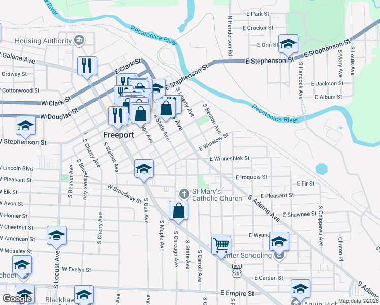 map of restaurants, bars, coffee shops, grocery stores, and more near 431 South Adams Avenue in Freeport