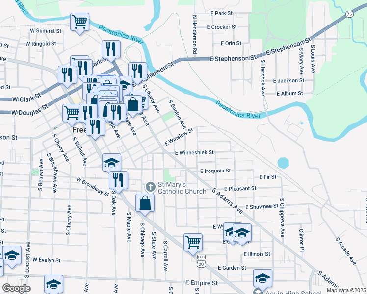 map of restaurants, bars, coffee shops, grocery stores, and more near 456 South Benton Avenue in Freeport