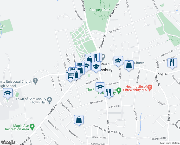 map of restaurants, bars, coffee shops, grocery stores, and more near 12 Chase Terrace in Shrewsbury