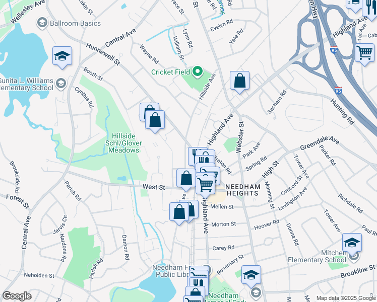 map of restaurants, bars, coffee shops, grocery stores, and more near 210 Hillside Avenue in Needham