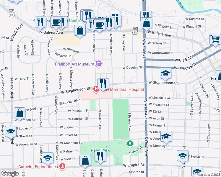 map of restaurants, bars, coffee shops, grocery stores, and more near 1005 West Stephenson Street in Freeport