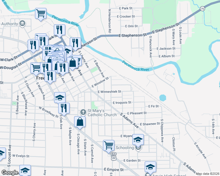 map of restaurants, bars, coffee shops, grocery stores, and more near 459 South Float Avenue in Freeport