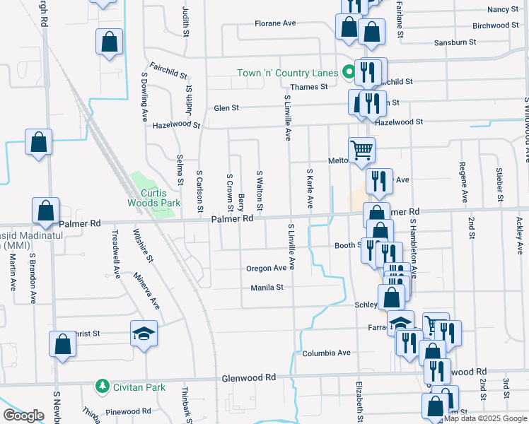 map of restaurants, bars, coffee shops, grocery stores, and more near 35948 Palmer Road in Westland