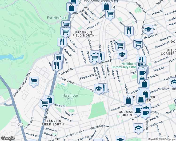 map of restaurants, bars, coffee shops, grocery stores, and more near 25 Nightingale Street in Boston