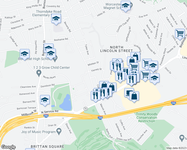 map of restaurants, bars, coffee shops, grocery stores, and more near 9 Kelley Street in Worcester