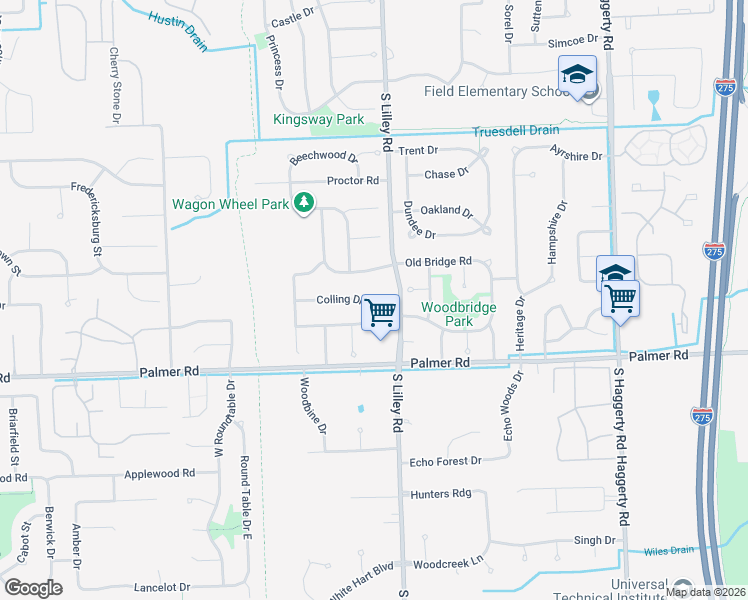 map of restaurants, bars, coffee shops, grocery stores, and more near 42526 Colling Drive in Canton