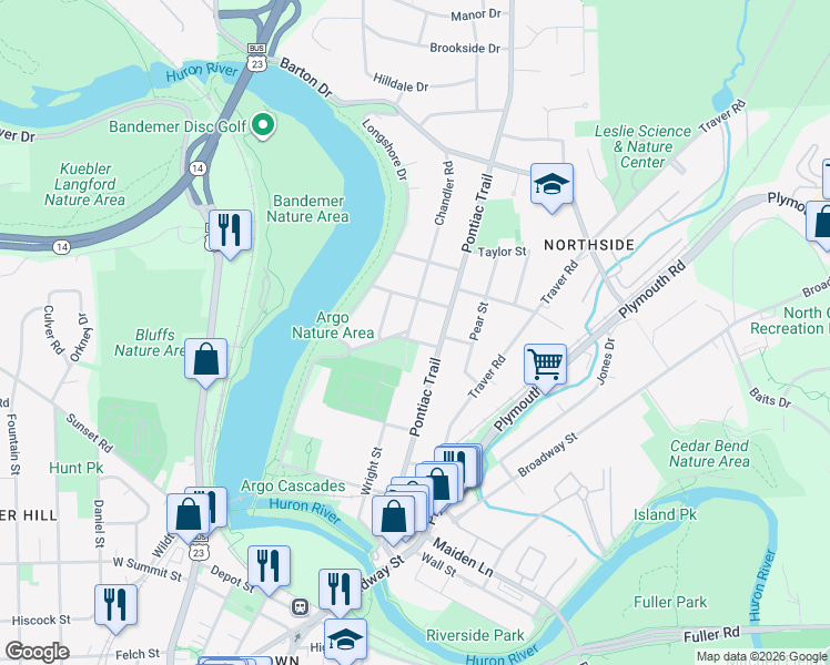 map of restaurants, bars, coffee shops, grocery stores, and more near 1500 Chandler Road in Ann Arbor