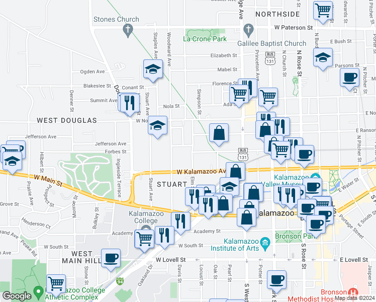 map of restaurants, bars, coffee shops, grocery stores, and more near 501 Elm Street in Kalamazoo