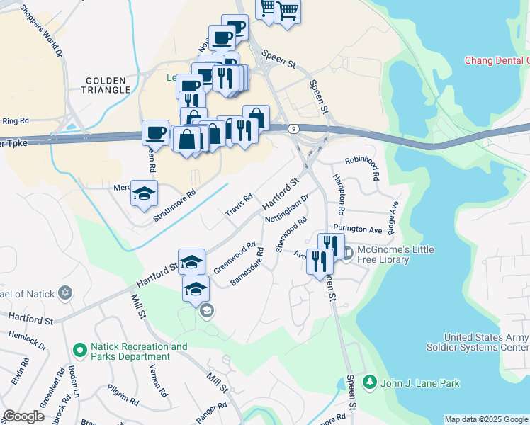 map of restaurants, bars, coffee shops, grocery stores, and more near 42 Hartford Street in Natick