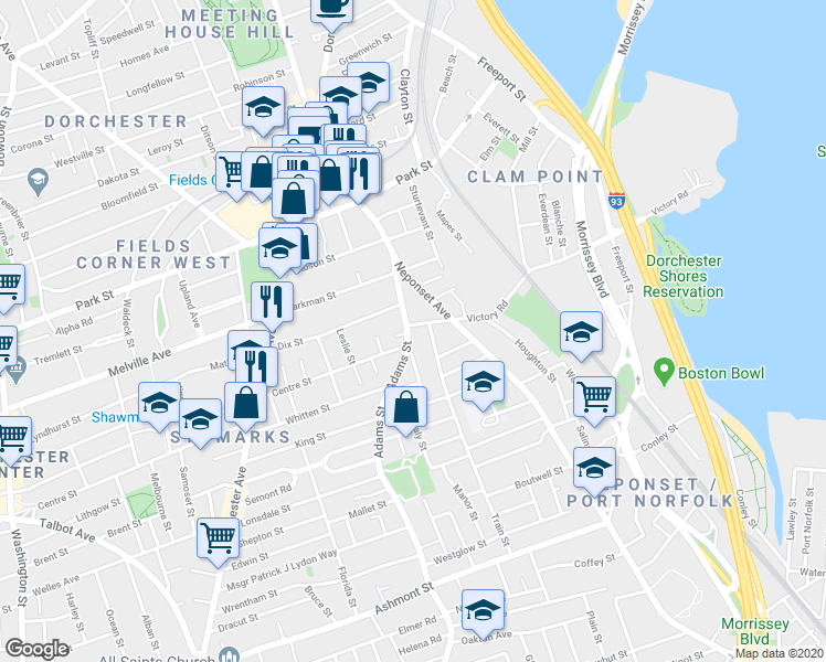 map of restaurants, bars, coffee shops, grocery stores, and more near 393 Adams Street in Boston
