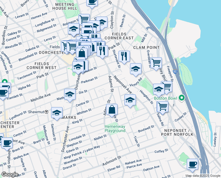 map of restaurants, bars, coffee shops, grocery stores, and more near 393 Adams Street in Boston