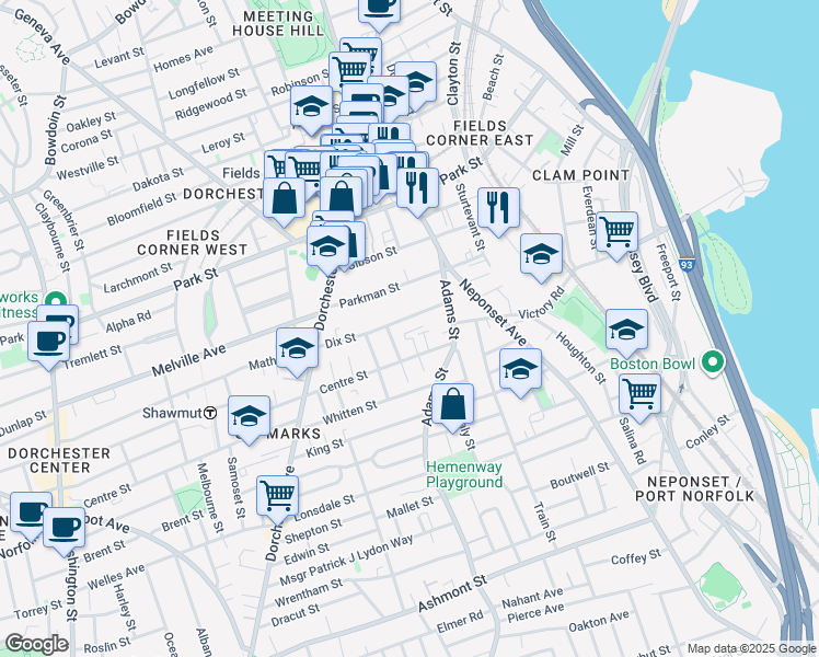 map of restaurants, bars, coffee shops, grocery stores, and more near 77 Dix Street in Boston