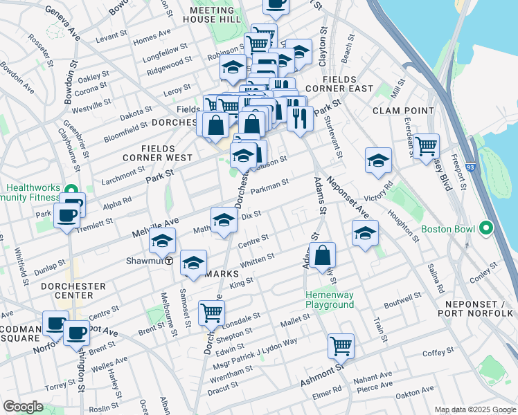map of restaurants, bars, coffee shops, grocery stores, and more near 48 Dix Street in Boston