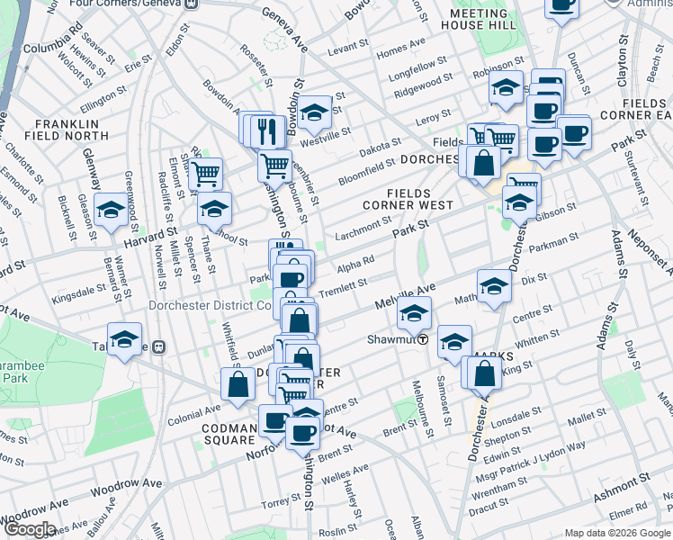 map of restaurants, bars, coffee shops, grocery stores, and more near 54 Alpha Road in Boston
