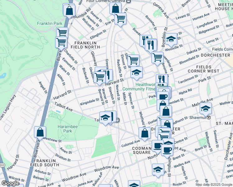 map of restaurants, bars, coffee shops, grocery stores, and more near 18-24 Standish Street in Boston