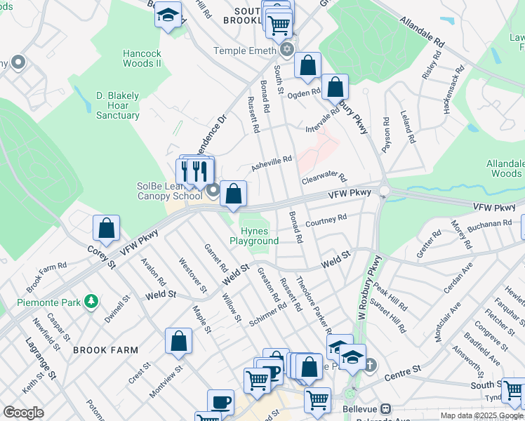 map of restaurants, bars, coffee shops, grocery stores, and more near 454 VFW Parkway in Brookline