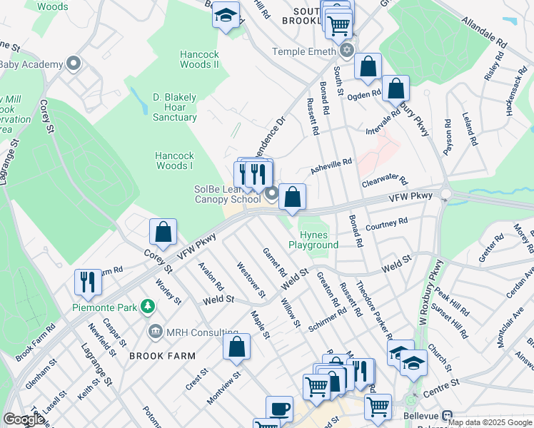 map of restaurants, bars, coffee shops, grocery stores, and more near 260 Manthorne Road in Boston