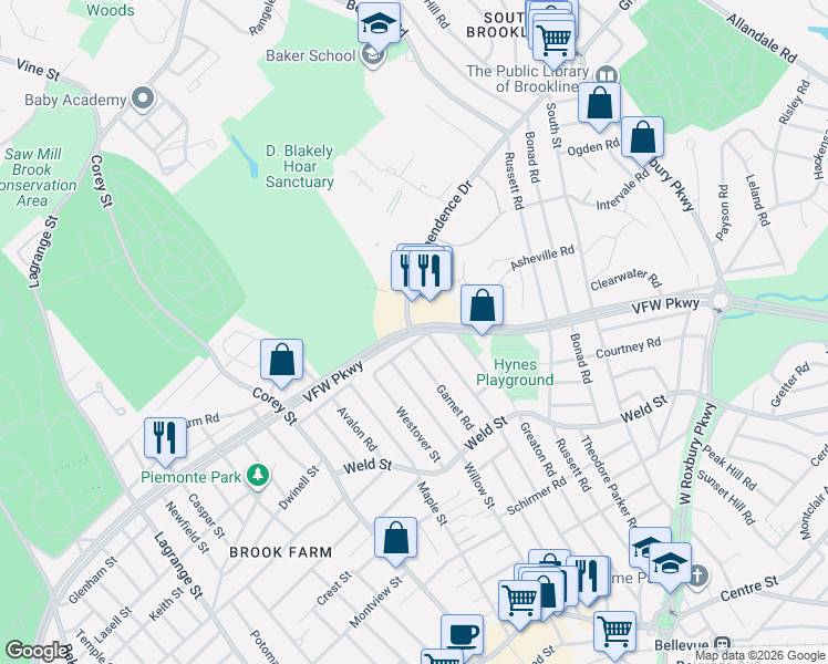 map of restaurants, bars, coffee shops, grocery stores, and more near 260 Manthorne Road in Boston